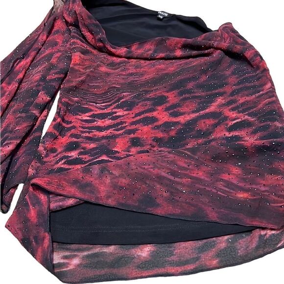 Grayse Women’s XS Elegant One Shoulder Sleeve Red & Black Evening Blouse Shirt - Picture 8 of 10